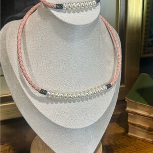 Vintage Pearl and Pink Braided Necklace and Bracelet Set